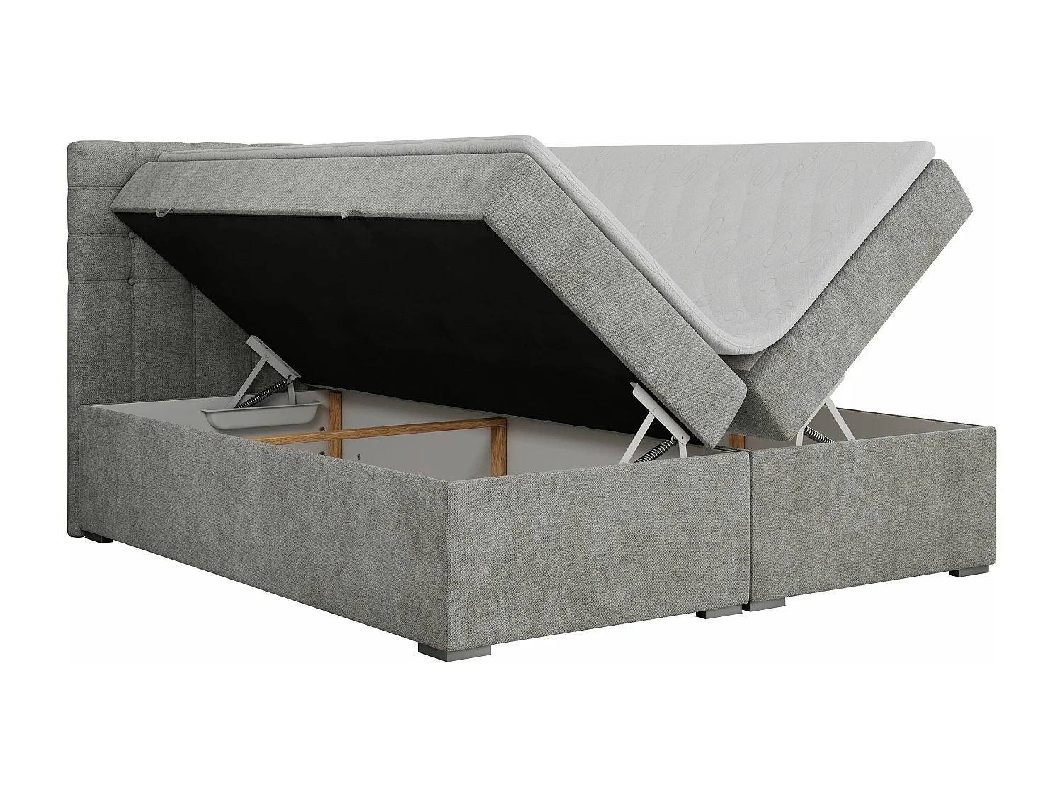 Boxspringbett SUSAN - mit gestepptem Kopfteil, zwei Bettkästen und Topper, gepolstertes Schlafzimmerbett - 140x200 cm - H4 - Hellgrau Stukture