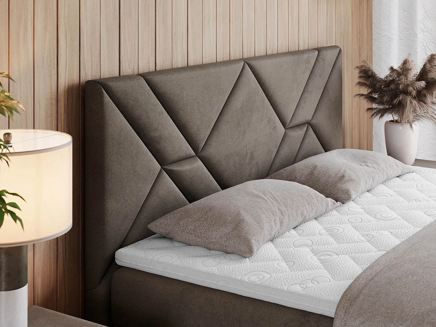 Boxspringbett NEOMI - dekorativem Kopfteil, Polsterbett mit Multipocket-Matratzen, zwei Bettkästen - 140x200 cm - H3 - Hellgrau Strukture