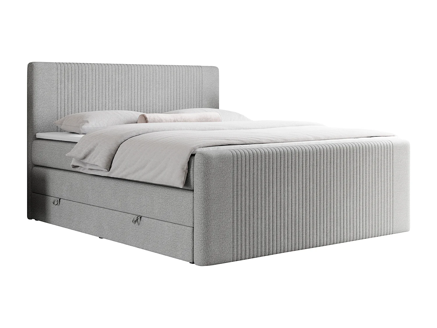 Boxspringbett DOREN KING - mit gesteppter Front und Kopfteil, zwei Multipocket-Matratzen und Topper, Doppelbett - 180x200 cm - H3 - Hellgrau Strukture