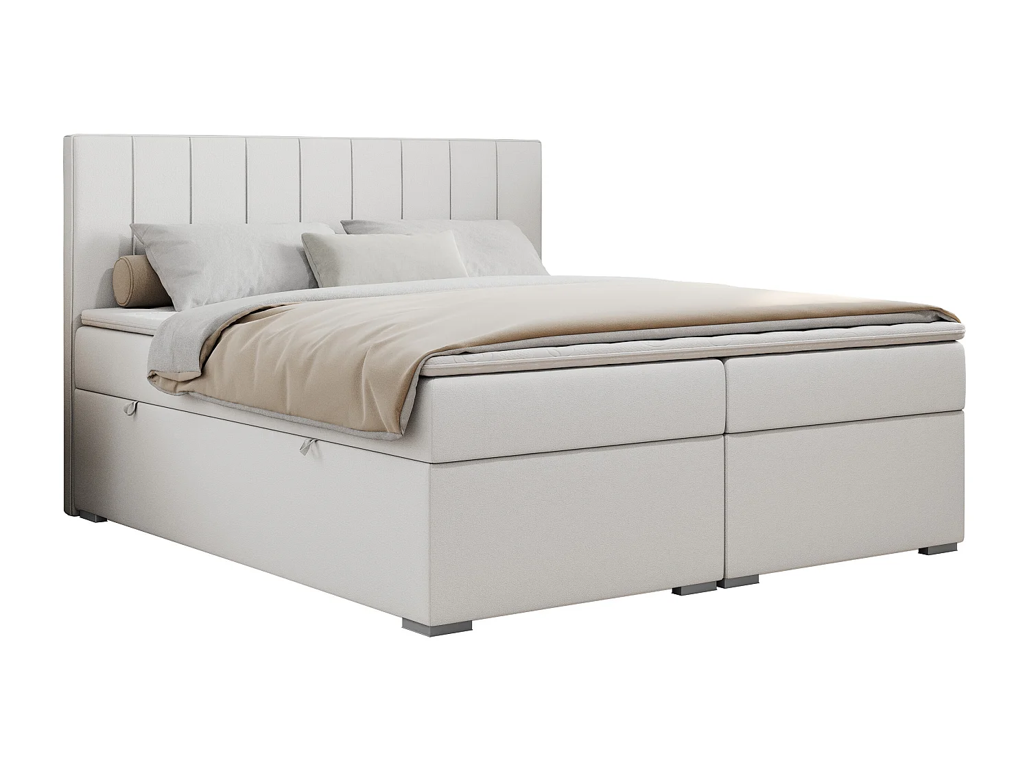 Boxspringbett ALLY - gestreiftes, genähtes Kopfteil, zwei Bettkästen, Multipocket-Matratzen, Praktisch Polsterbett - 160x200 cm - H4 - Weiß Kunstleder