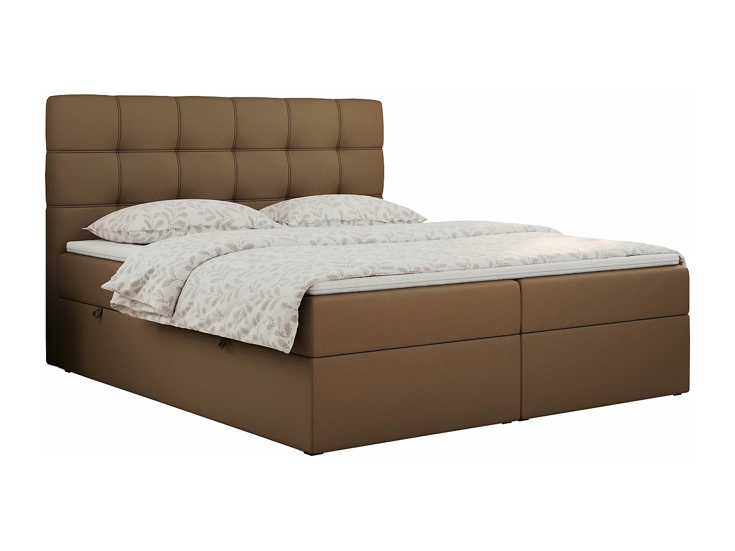 Boxspringbett ERNI - mit gestepptem Kopfteil, Polsterbett, Multipocket-Matratze und Topper, Bettkästen - 120x200 cm - H3 - Braun Kunstleder