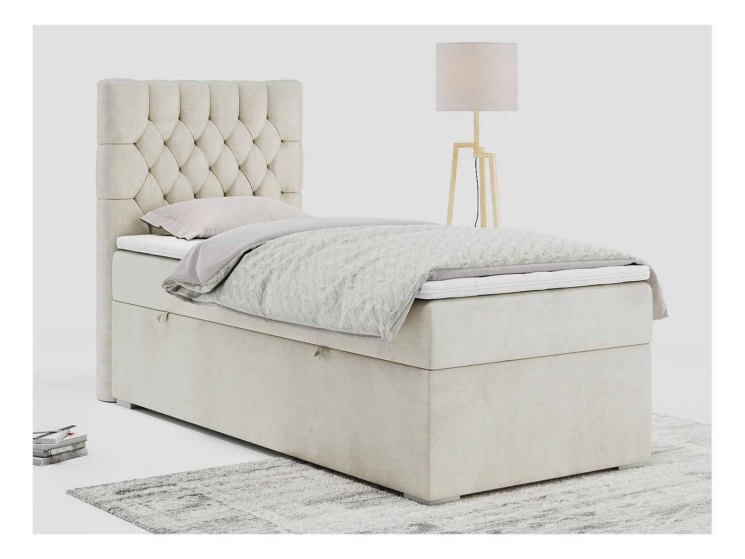 Boxspringbett PERA - Einzelbett mit Kopfstütze, Polsterbett, Multipocket-Matratze, genähtes Kopfteil - 90x200 cm - H4 - Beige Velvet - Links Seite