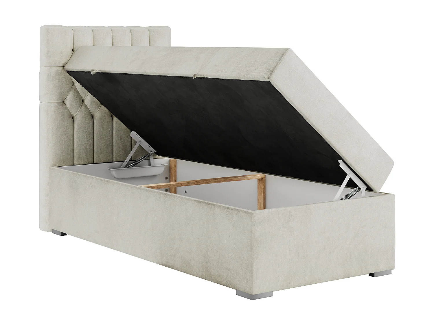 Boxspringbett PERA - Einzelbett mit Kopfstütze, Polsterbett, Multipocket-Matratze, genähtes Kopfteil - 90x200 cm - H4 - Beige Velvet - Links Seite