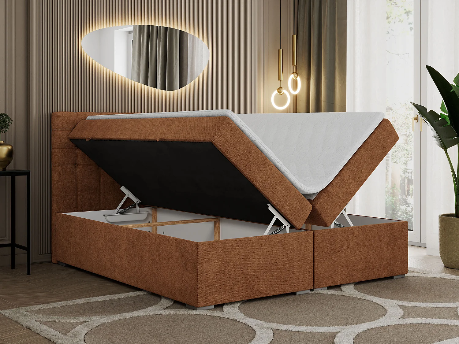 Boxspringbett SUSAN - mit gestepptem Kopfteil, zwei Bettkästen und Topper, gepolstertes Schlafzimmerbett - 140x200 cm - H3 - Orange Stukture