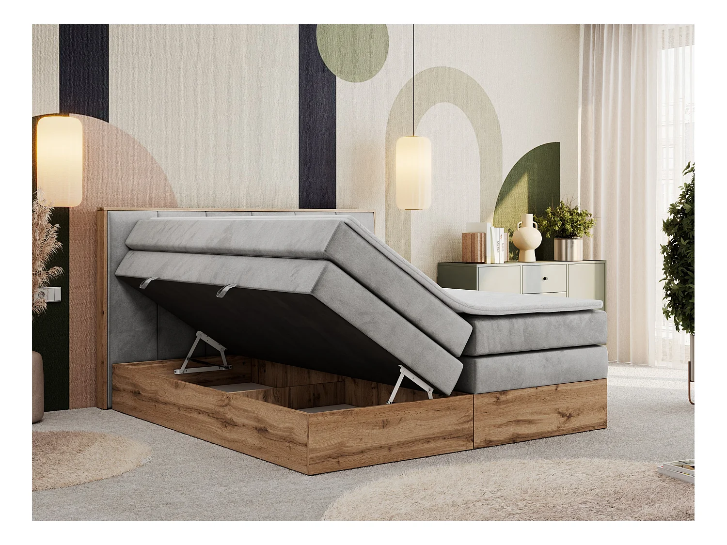 Boxspringbett ALBERO 1 KING - zwei 7 Härtezonen Multipocket-Matratzen, Doppelbett mit Stauraum, Eiche Wotan Holzrahmen - 160x200 cm - H3 - Hellgrau Velvet