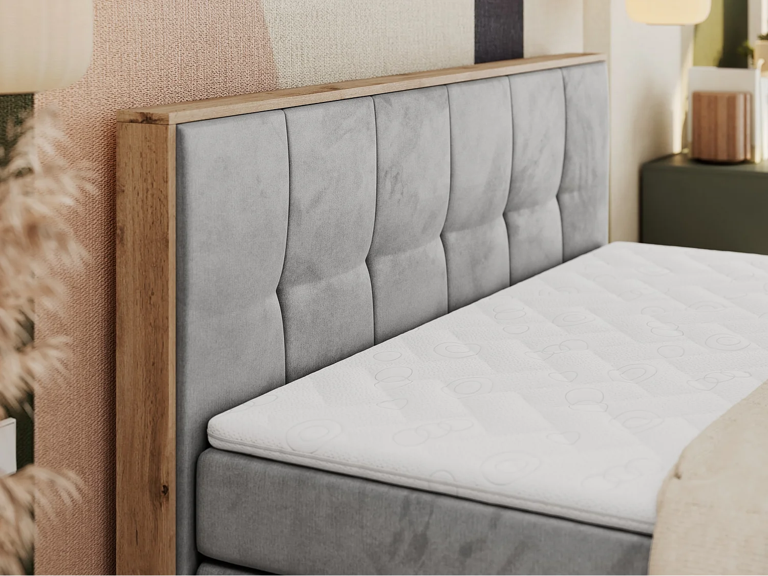 Boxspringbett ALBERO 1 KING - zwei 7 Härtezonen Multipocket-Matratzen, Doppelbett mit Stauraum, Eiche Wotan Holzrahmen - 160x200 cm - H3 - Hellgrau Velvet