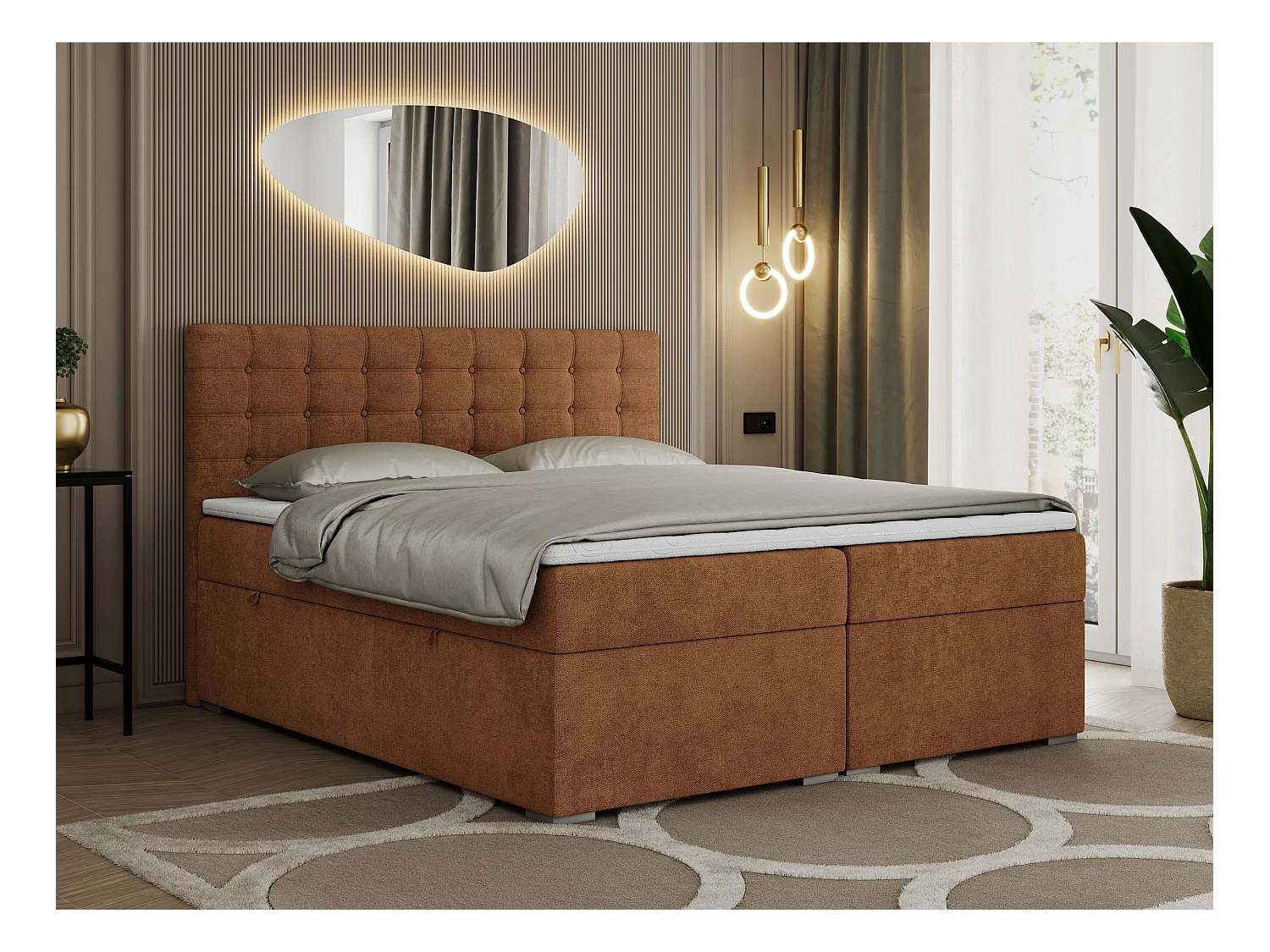 Boxspringbett SUSAN - mit gestepptem Kopfteil, zwei Bettkästen und Topper, gepolstertes Schlafzimmerbett - 200x200 cm - H4 - Orange Stukture