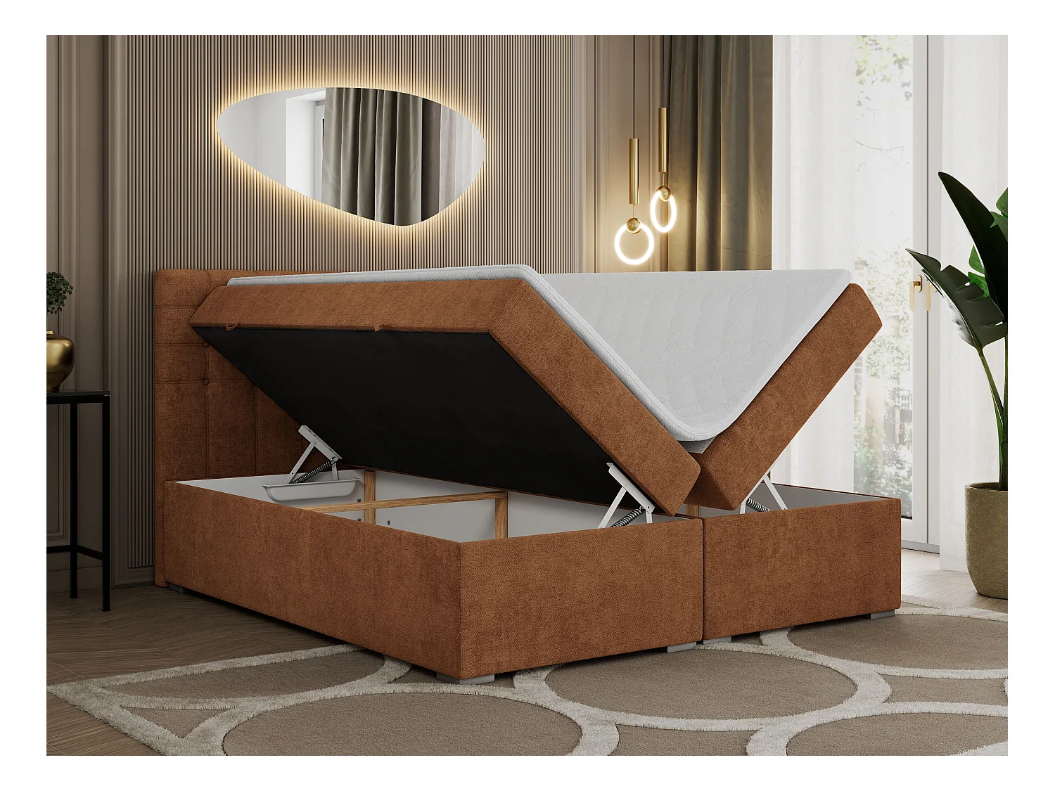 Boxspringbett SUSAN - mit gestepptem Kopfteil, zwei Bettkästen und Topper, gepolstertes Schlafzimmerbett - 200x200 cm - H4 - Orange Stukture