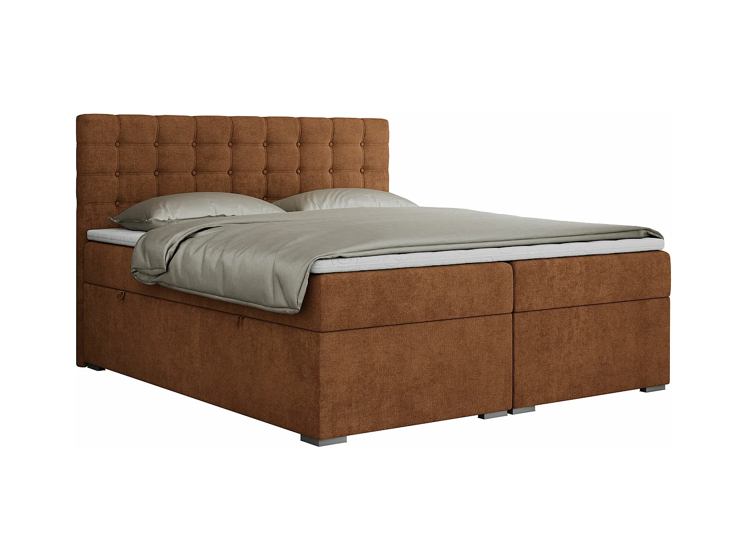 Boxspringbett SUSAN - mit gestepptem Kopfteil, zwei Bettkästen und Topper, gepolstertes Schlafzimmerbett - 200x200 cm - H4 - Orange Stukture