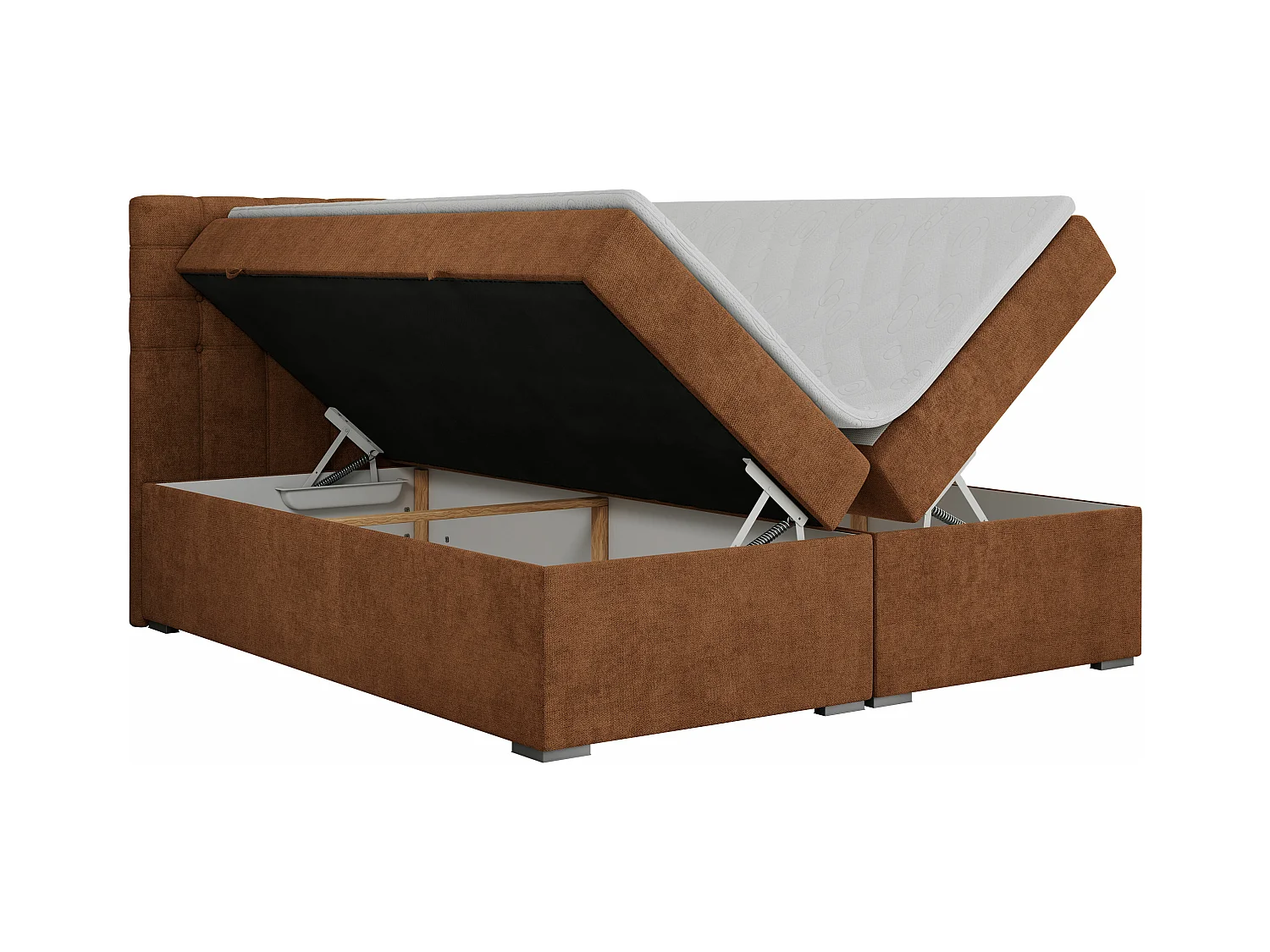Boxspringbett SUSAN - mit gestepptem Kopfteil, zwei Bettkästen und Topper, gepolstertes Schlafzimmerbett - 200x200 cm - H4 - Orange Stukture