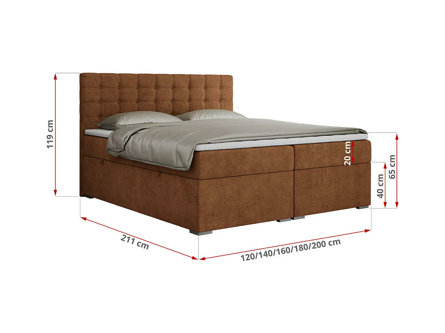 Boxspringbett SUSAN - mit gestepptem Kopfteil, zwei Bettkästen und Topper, gepolstertes Schlafzimmerbett - 200x200 cm - H4 - Orange Stukture