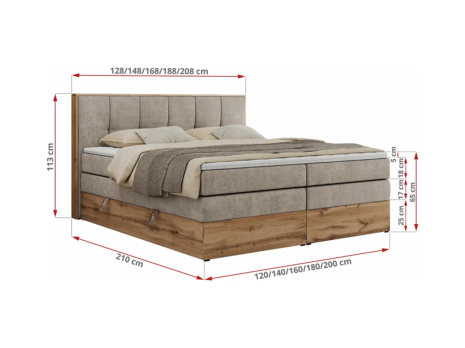 Boxspringbett ALBERO 1 KING - zwei 7 Härtezonen Multipocket-Matratzen, Doppelbett mit Stauraum, Eiche Wotan Holzrahmen - 140x200 cm - H3 - Beige Strukture