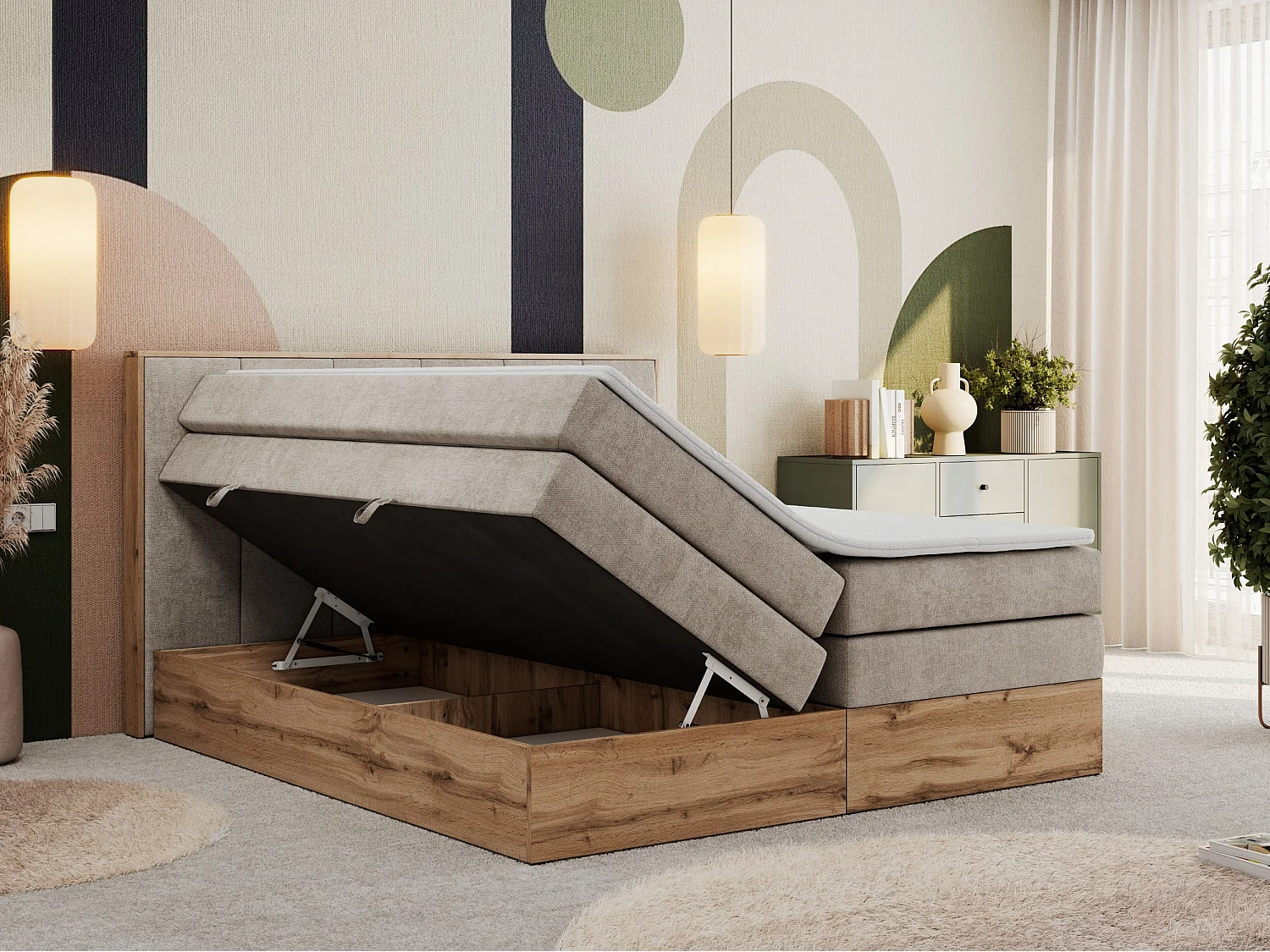 Boxspringbett ALBERO 1 KING - zwei 7 Härtezonen Multipocket-Matratzen, Doppelbett mit Stauraum, Eiche Wotan Holzrahmen - 140x200 cm - H3 - Beige Strukture