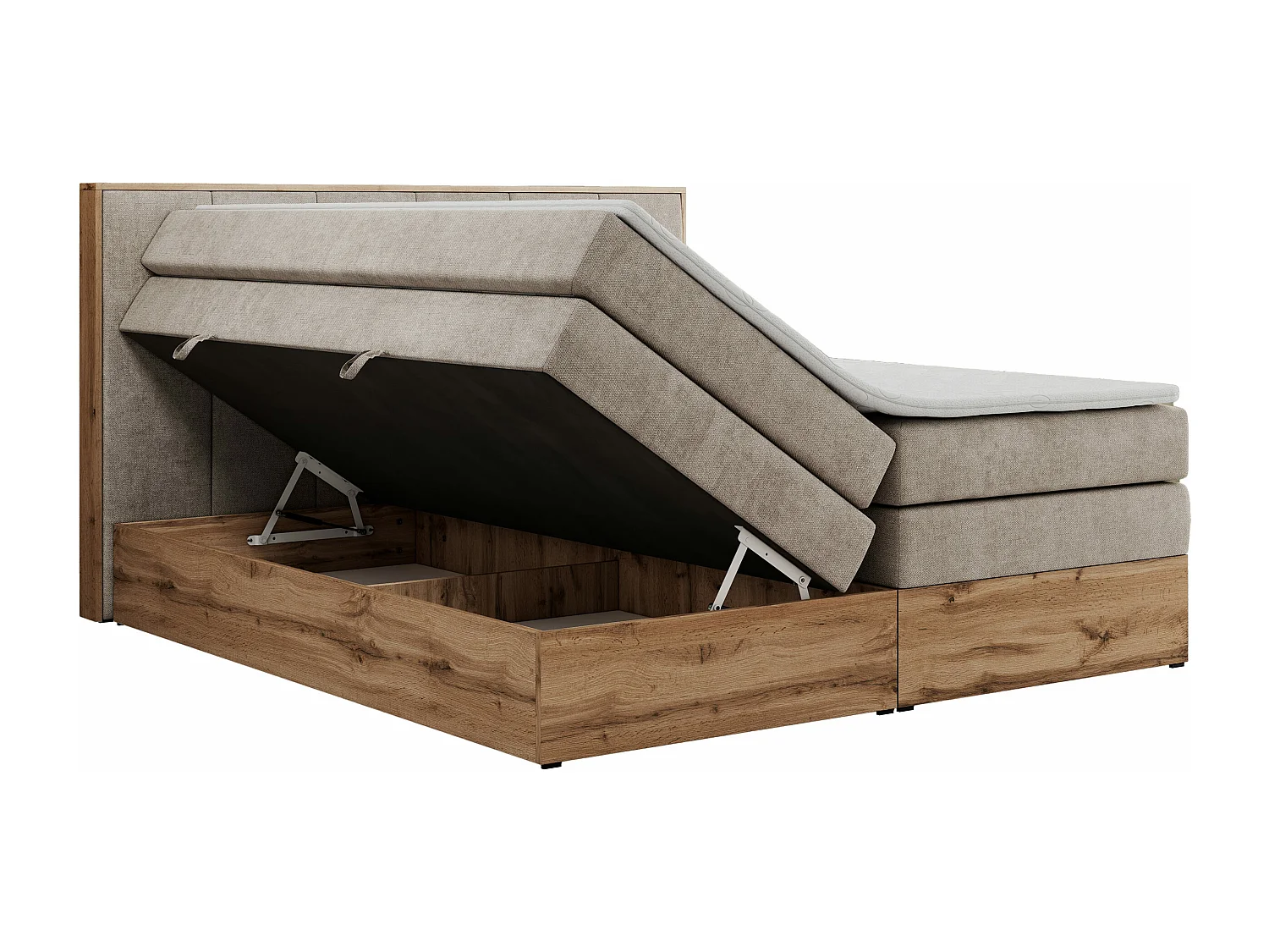 Boxspringbett ALBERO 1 KING - zwei 7 Härtezonen Multipocket-Matratzen, Doppelbett mit Stauraum, Eiche Wotan Holzrahmen - 140x200 cm - H3 - Beige Strukture