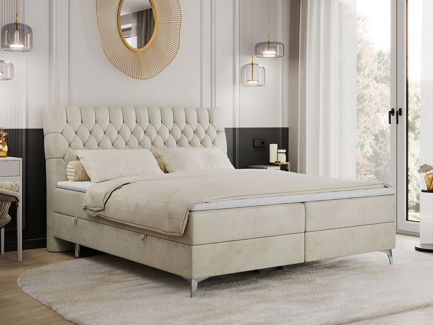 Boxspringbett MILEN - gepolstertes Schlafzimmerbett, zwei Multipocket-Matratze, dekorative hohe Beine - 180x200 cm - H4 - Beige Velvet