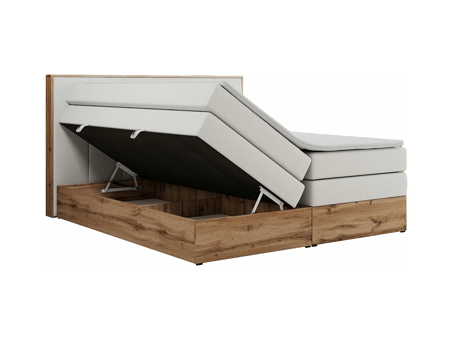Boxspringbett ALBERO 1 KING - zwei 7 Härtezonen Multipocket-Matratzen, Doppelbett mit Stauraum, Eiche Wotan Holzrahmen - 140x200 cm - H4 - Weiß Kunstleder