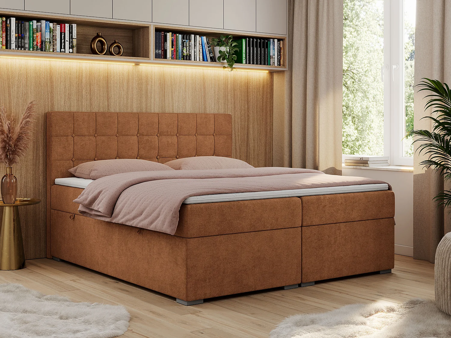 Boxspringbett CARMEN - Polsterbett mit zwei Bettkästen, gesteppte Kopfstütze, Multipocket-Matratze - 180x200 cm - H3 - Orange Stukture