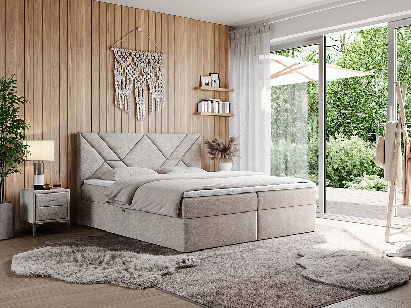 Boxspringbett NEOMI - dekorativem Kopfteil, Polsterbett mit Multipocket-Matratzen, zwei Bettkästen - 120x200 cm - H3 - Hellgrau Strukture