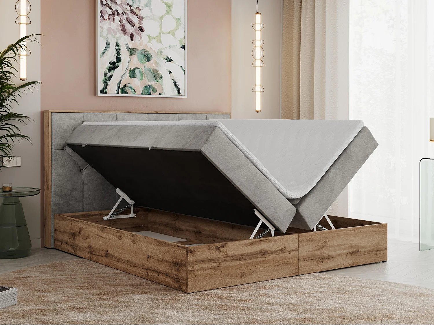 Boxspringbett VENETO - gestepptem Kopfteil, Set mit Multipocket-Matratze und Topper, Holzrahmen, zwei Bettkästen - 160x200 cm - H4 - Hellgrau Velvet