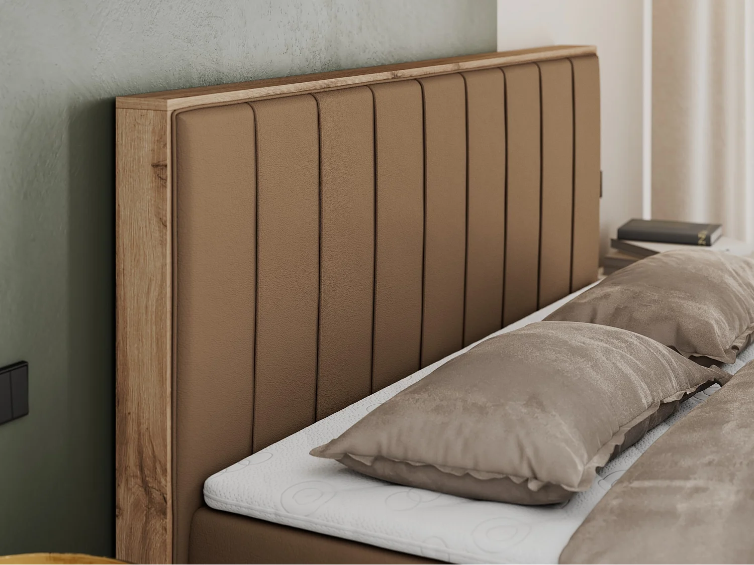 Boxspringbett BELLISSIMO - mit gestepptem Kopfteil, Polsterbett mit zwei Bettkästen, Multipocket-Matratze - 180x200 cm - H4 - Braun Kunstleder