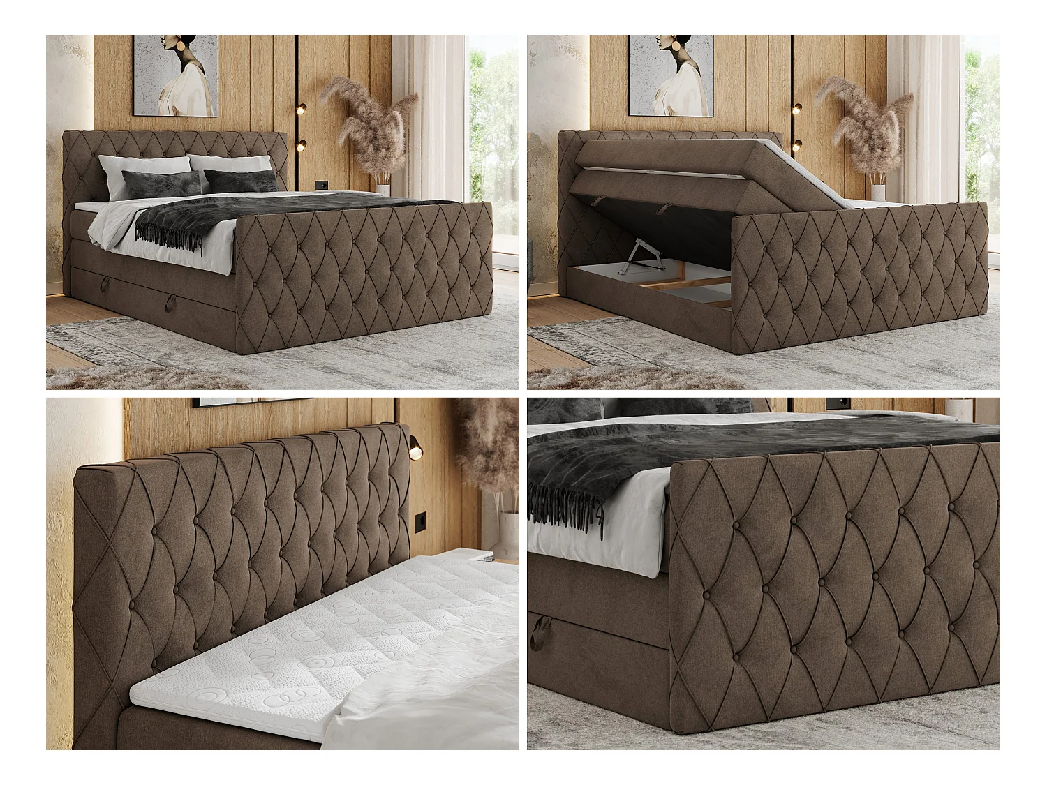Boxspringbett MIREN KING DUO - für Schlafzimmer mit zwei Multipocket-Matratzen und Topper, gestepptes Kopfteil und Front  - 200x200 cm - H4 - Braun Velvet