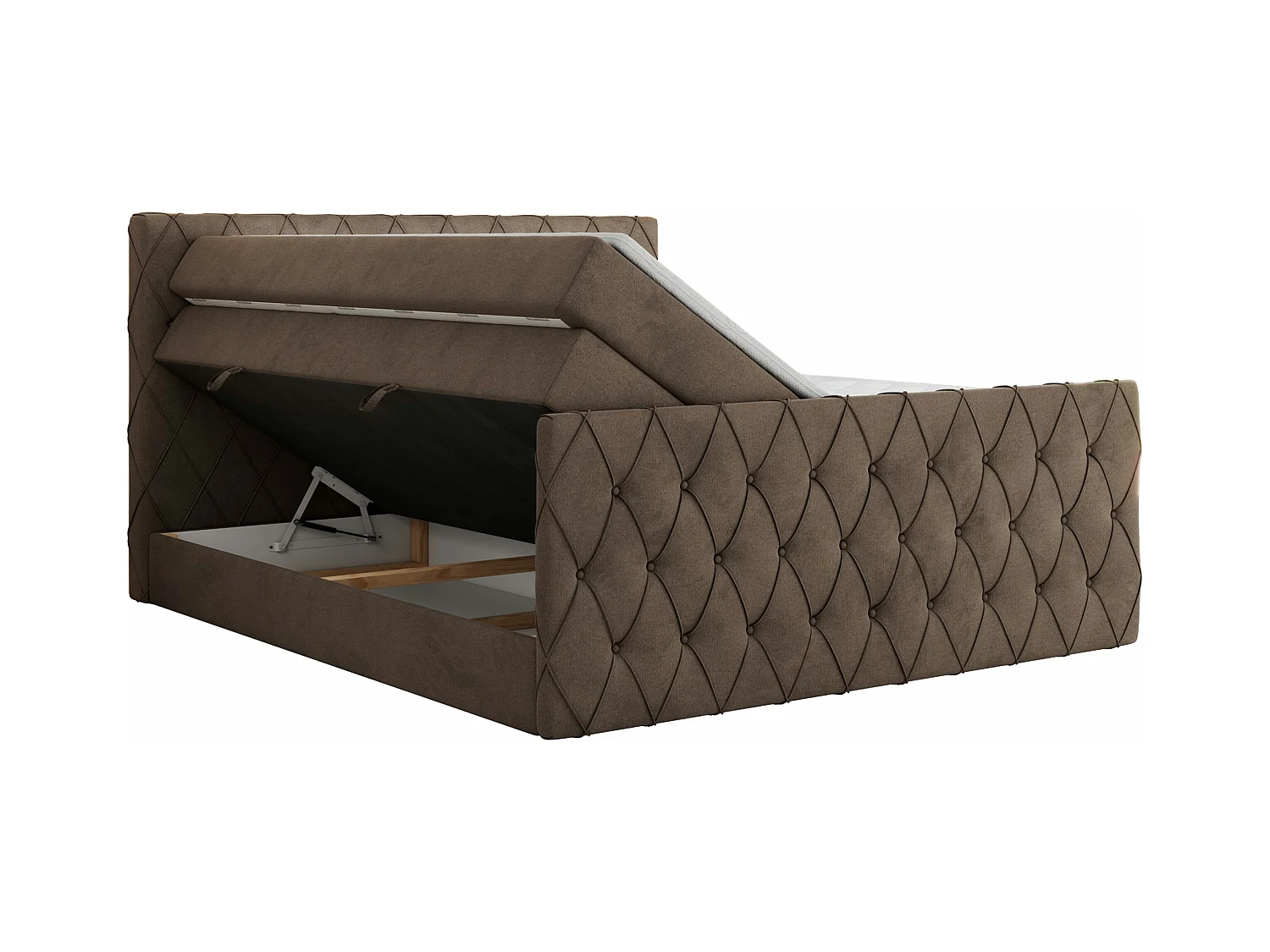 Boxspringbett MIREN KING DUO - für Schlafzimmer mit zwei Multipocket-Matratzen und Topper, gestepptes Kopfteil und Front  - 200x200 cm - H4 - Braun Velvet