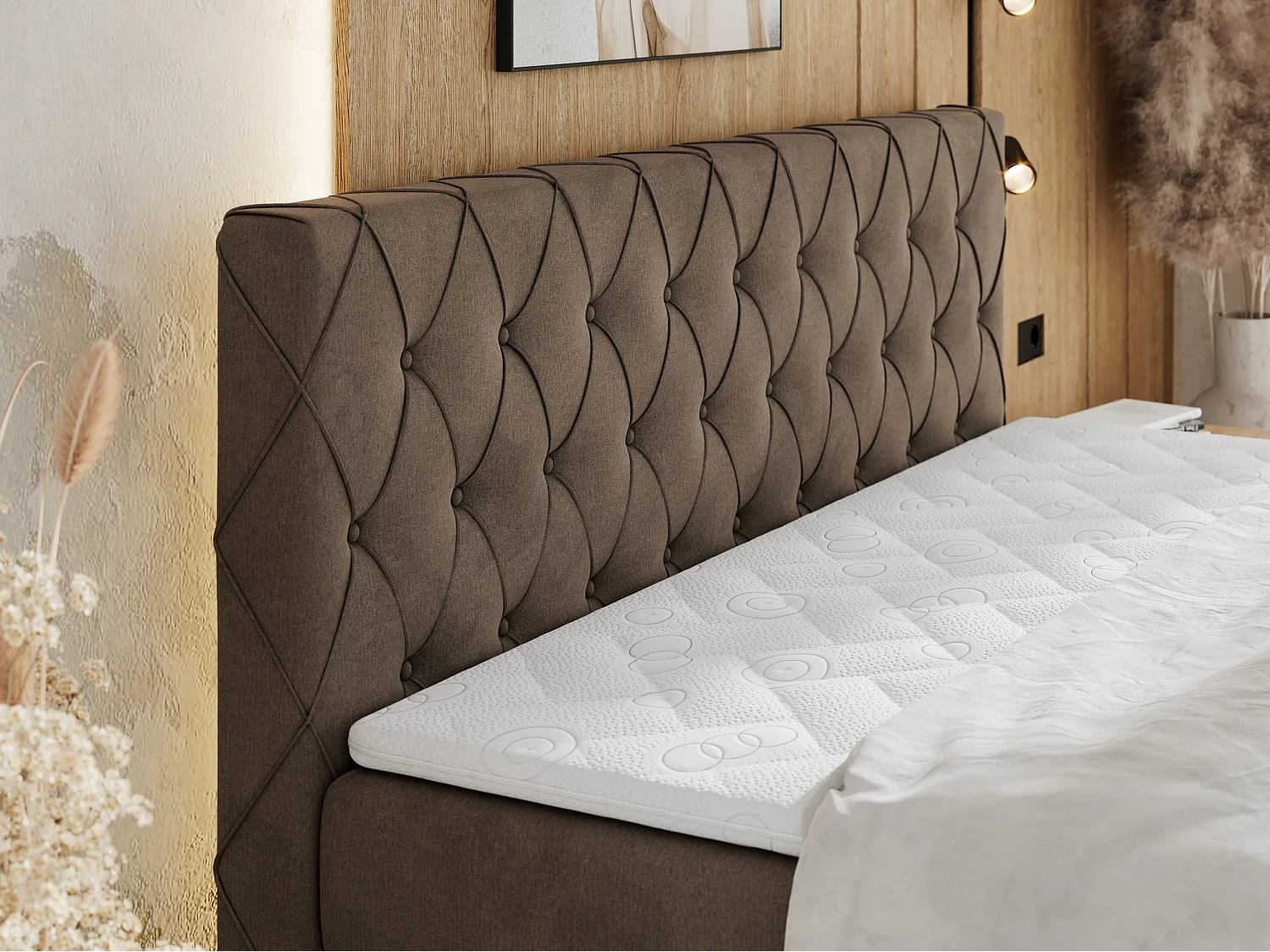 Boxspringbett MIREN KING DUO - für Schlafzimmer mit zwei Multipocket-Matratzen und Topper, gestepptes Kopfteil und Front  - 200x200 cm - H4 - Braun Velvet