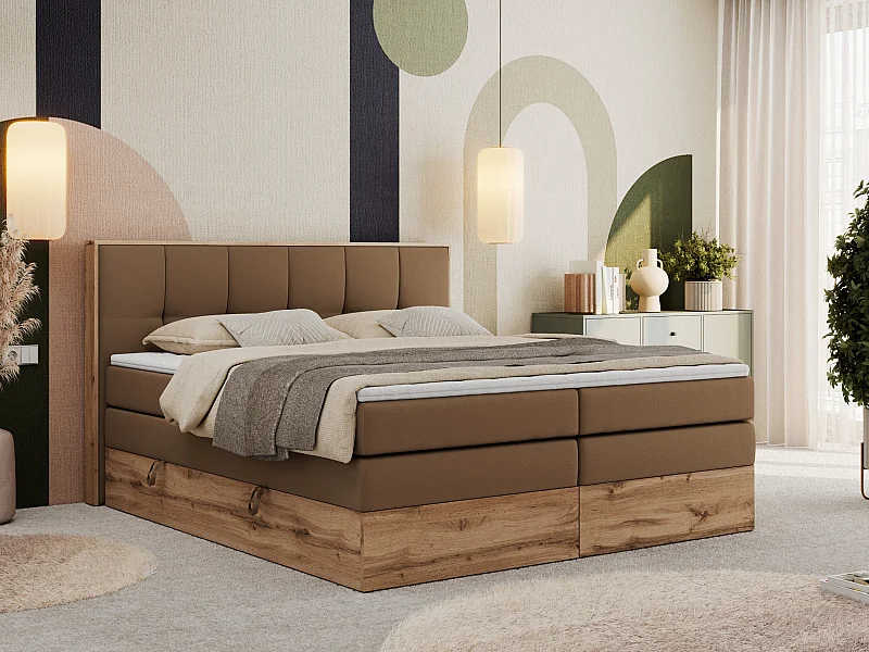 Boxspringbett ALBERO 1 KING - zwei 7 Härtezonen Multipocket-Matratzen, Doppelbett mit Stauraum, Eiche Wotan Holzrahmen - 180x200 cm - H3 - Braun Kunstleder