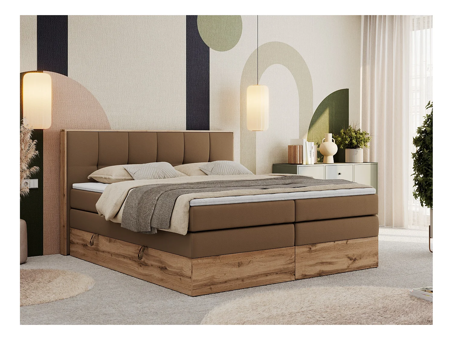 Boxspringbett ALBERO 1 KING - zwei 7 Härtezonen Multipocket-Matratzen, Doppelbett mit Stauraum, Eiche Wotan Holzrahmen - 180x200 cm - H3 - Braun Kunstleder