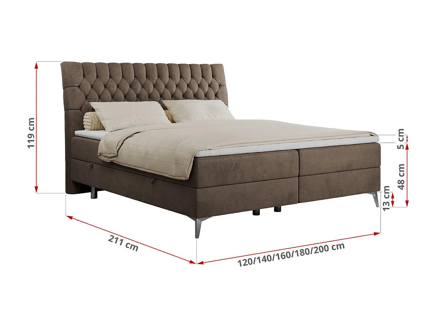 Boxspringbett MILEN - gepolstertes Schlafzimmerbett, zwei Multipocket-Matratze, dekorative hohe Beine - 160x200 cm - H4 - Braun Velvet