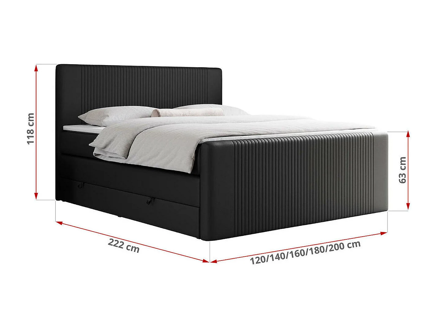 Boxspringbett DOREN KING - mit gesteppter Front und Kopfteil, zwei Multipocket-Matratzen und Topper, Doppelbett - 160x200 cm - H3 - Schwarz Kunstleder