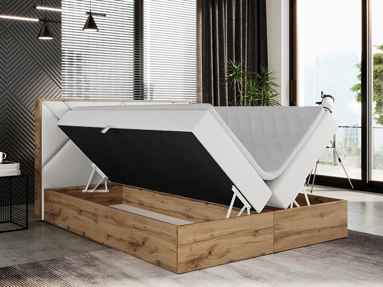 Boxspringbett GUNAR - gepolster kopfteil, Doppelbett mit Multipocket-Matratze, zwei Bettkästen - 160x200 cm - H4 - Weiß Kunstleder