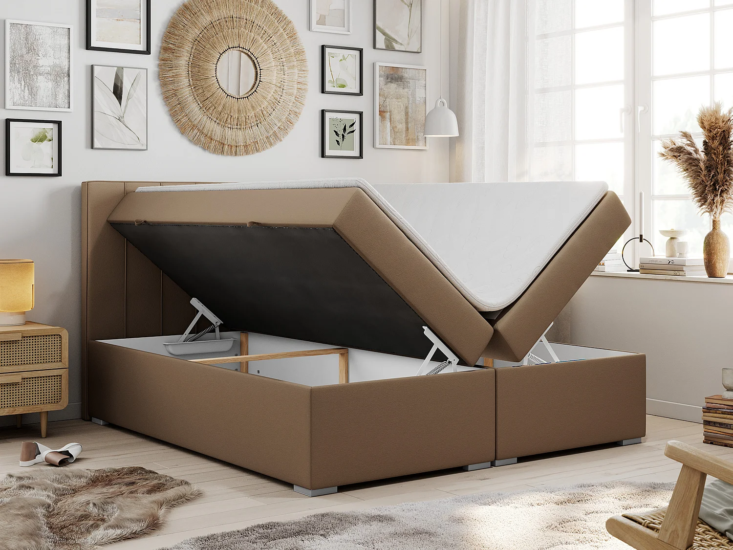 Boxspringbett ALLY - gestreiftes, genähtes Kopfteil, zwei Bettkästen, Multipocket-Matratzen, Praktisch Polsterbett - 200x200 cm - H3 - Braun Kunstleder