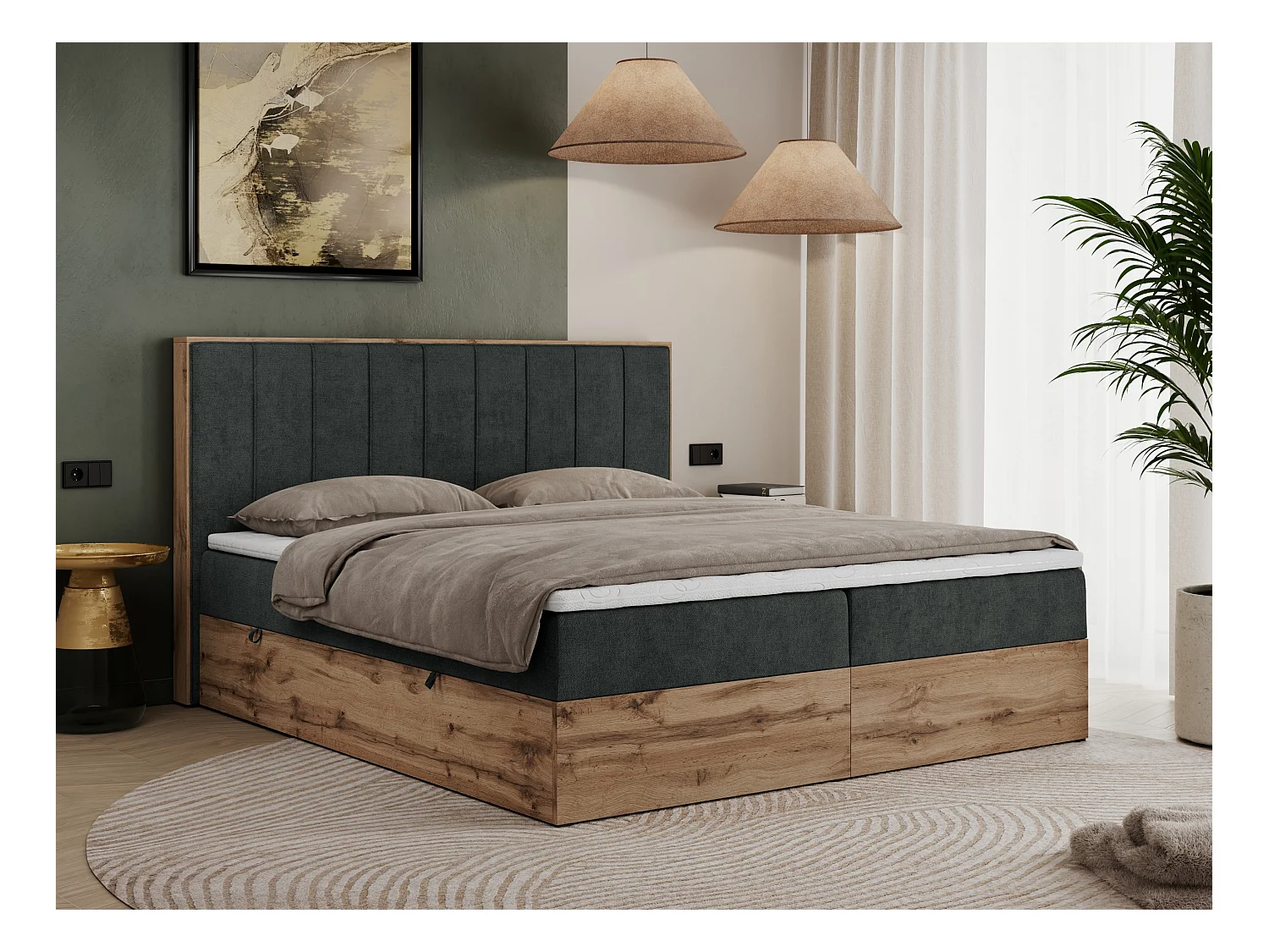 Boxspringbett BELLISSIMO - mit gestepptem Kopfteil, Polsterbett mit zwei Bettkästen, Multipocket-Matratze - 200x200 cm - H4 - Dunkelgrau Strukture