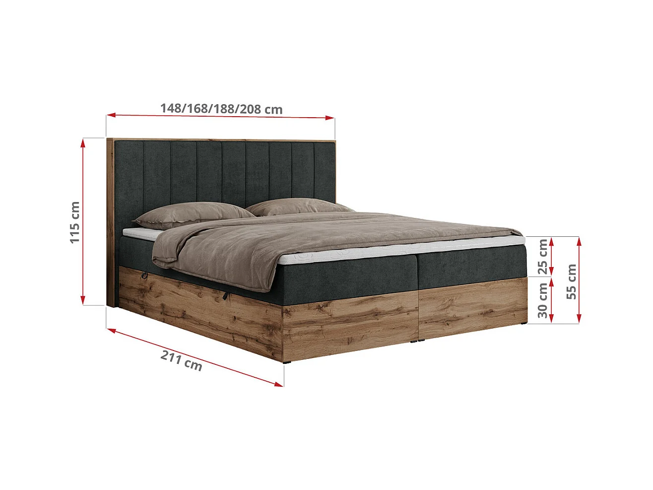 Boxspringbett BELLISSIMO - mit gestepptem Kopfteil, Polsterbett mit zwei Bettkästen, Multipocket-Matratze - 200x200 cm - H4 - Dunkelgrau Strukture