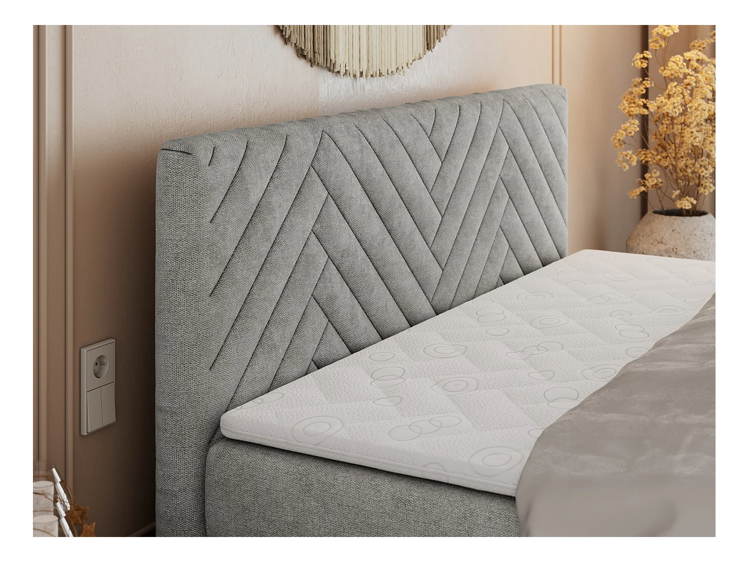 Boxspringbett PARIS KING DUO - dekorative Kopfstütze und Front, zwei Multipocket-Matratze mit Topper - 180x200 cm - H3 - Hellgrau Strukture