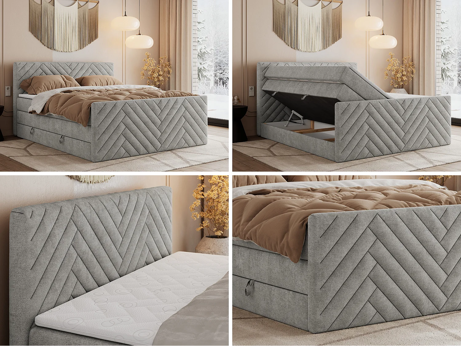 Boxspringbett PARIS KING DUO - dekorative Kopfstütze und Front, zwei Multipocket-Matratze mit Topper - 180x200 cm - H3 - Hellgrau Strukture
