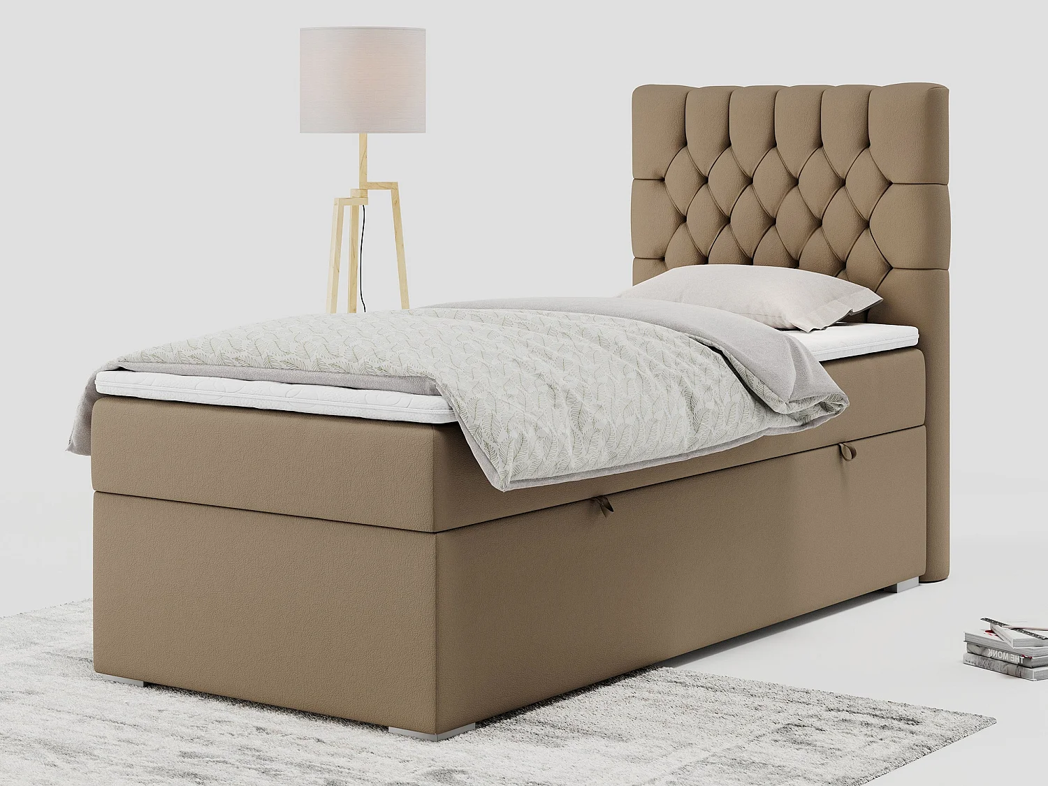 Boxspringbett PERA - Einzelbett mit Kopfstütze, Polsterbett, Multipocket-Matratze, genähtes Kopfteil - 90x200 cm - H3 - Braun Kunstleder - Rechts Seite