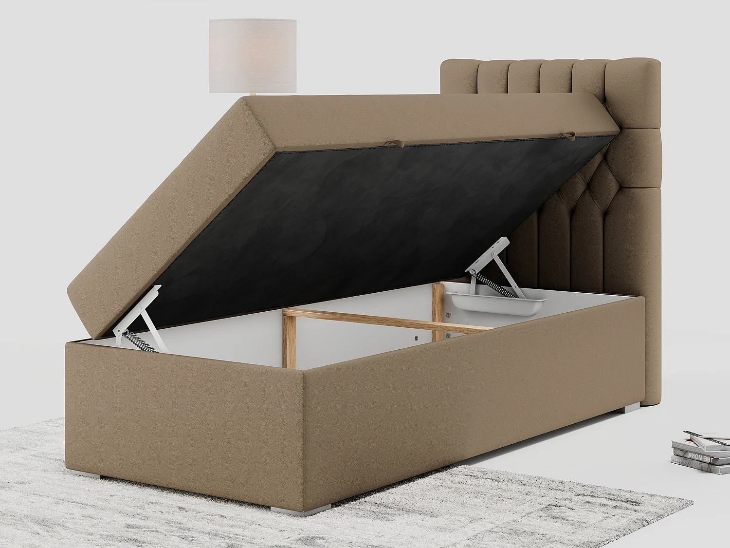 Boxspringbett PERA - Einzelbett mit Kopfstütze, Polsterbett, Multipocket-Matratze, genähtes Kopfteil - 90x200 cm - H3 - Braun Kunstleder - Rechts Seite