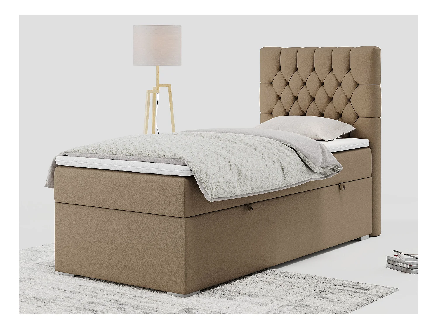 Boxspringbett PERA - Einzelbett mit Kopfstütze, Polsterbett, Multipocket-Matratze, genähtes Kopfteil - 90x200 cm - H3 - Braun Kunstleder - Rechts Seite
