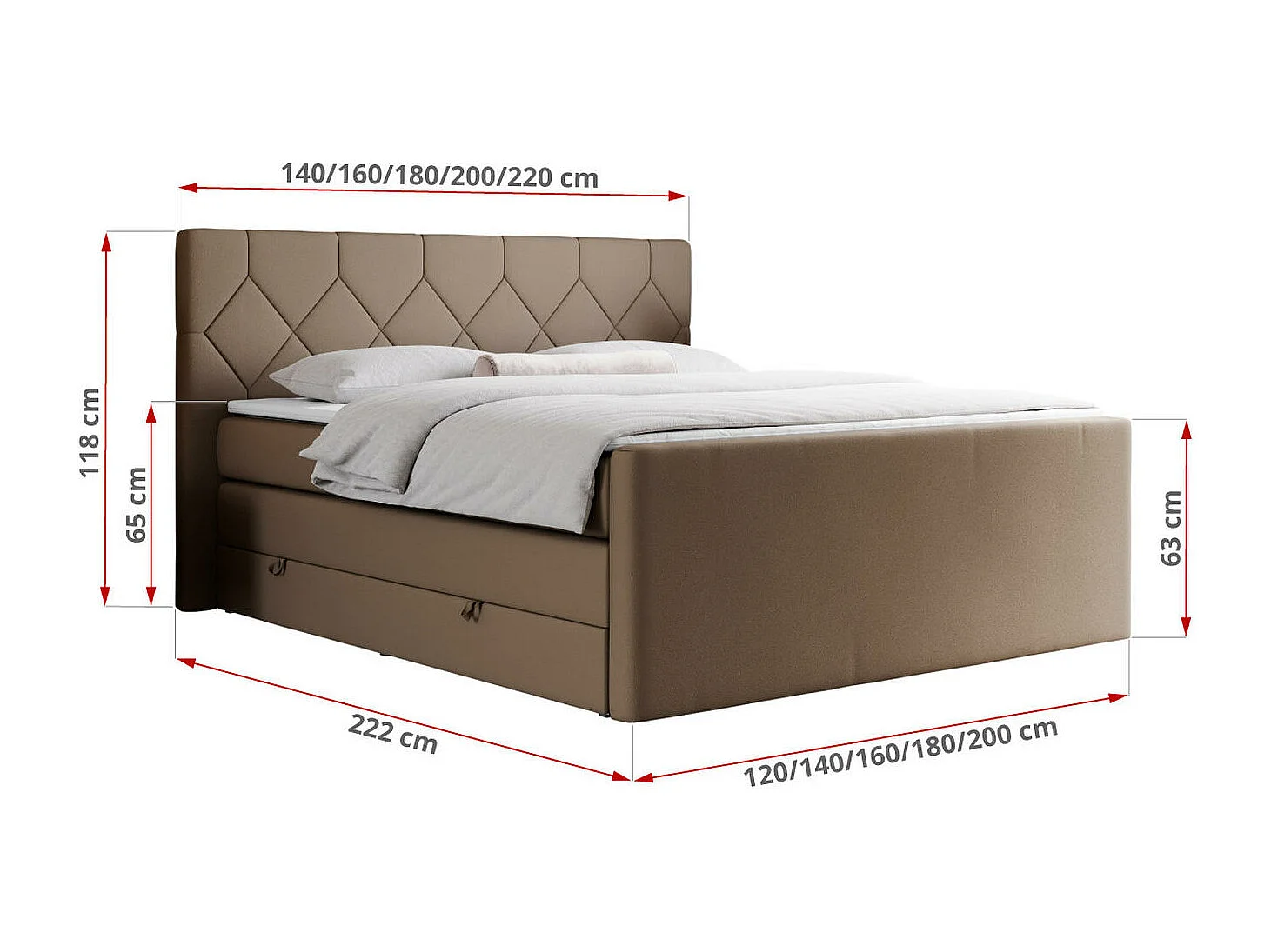 Boxspringbett EIGAR KING - Doppelbett mit genähtem Kopfteil, zwei Multipocket-Matratzen, Polsterbett für Schlafzimmer - 140x200 cm - H3 - Braun Kunstleder