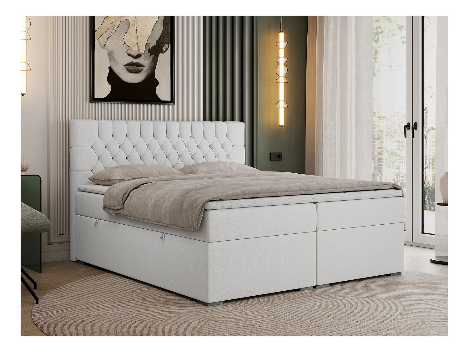 Boxspringbett PERA - gesteppte Kopfstütze, Multipocket-Matratze und Topper, Doppelbett mit Stauraum - 140x200 cm - H4 - Weiß Kunstleder