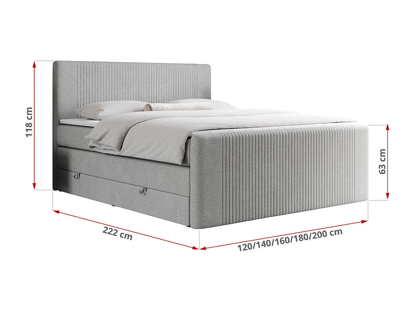 Boxspringbett DOREN KING - mit gesteppter Front und Kopfteil, zwei Multipocket-Matratzen und Topper, Doppelbett - 140x200 cm - H4 - Hellgrau Strukture