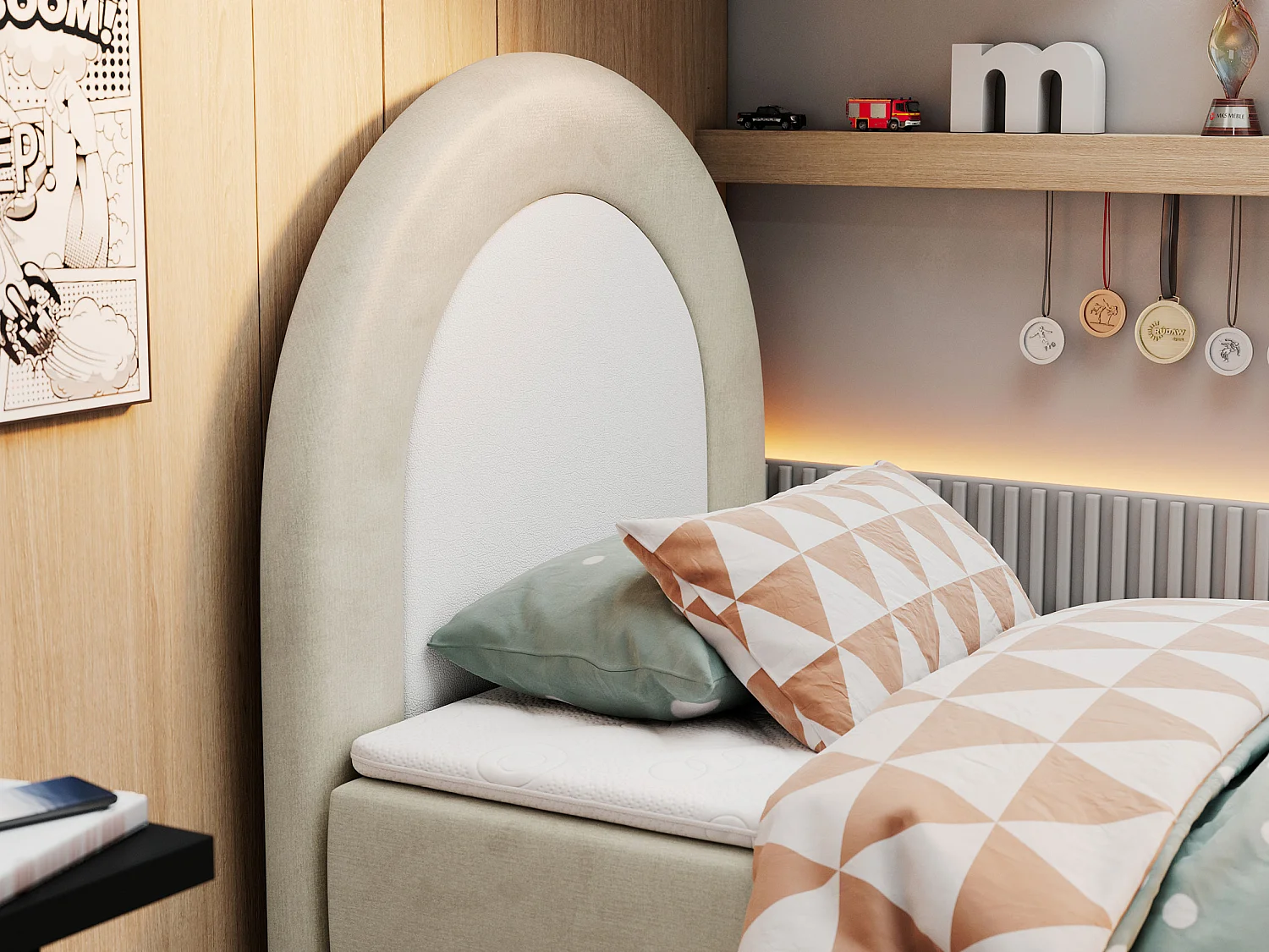 Kinderbett NEST - Boxspringbett für Kinder, mit hohem Kopfteil, Einzelbett mit Stauraum und Matratze - 90x180 cm - Beige Velvet