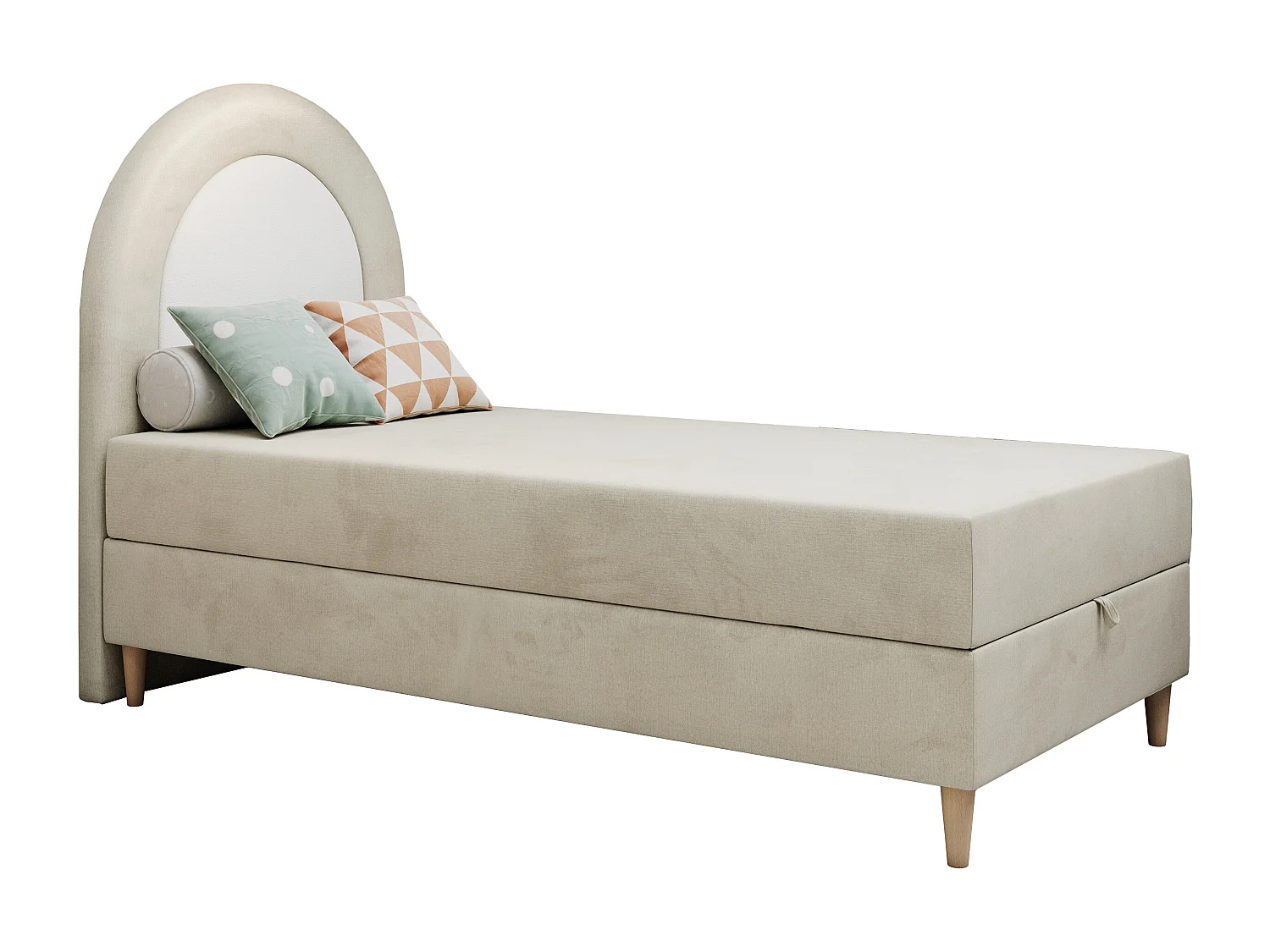 Kinderbett NEST - Boxspringbett für Kinder, mit hohem Kopfteil, Einzelbett mit Stauraum und Matratze - 90x180 cm - Beige Velvet