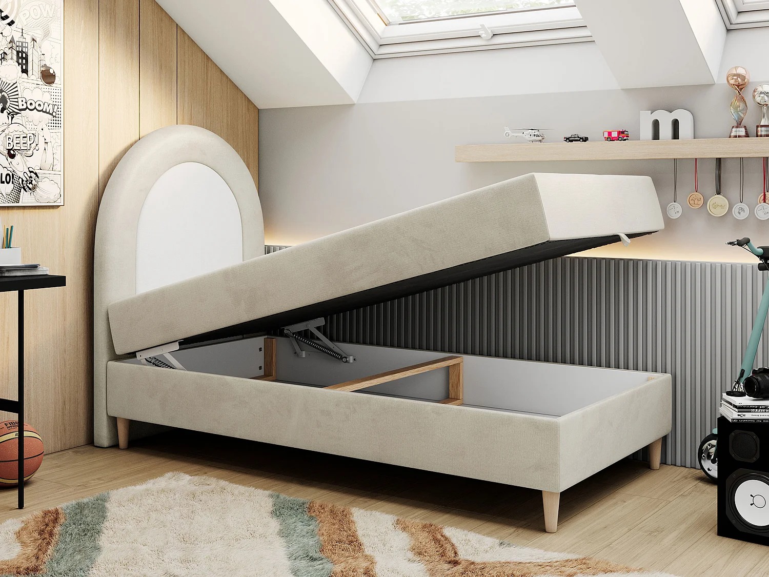 Kinderbett NEST - Boxspringbett für Kinder, mit hohem Kopfteil, Einzelbett mit Stauraum und Matratze - 90x180 cm - Beige Velvet