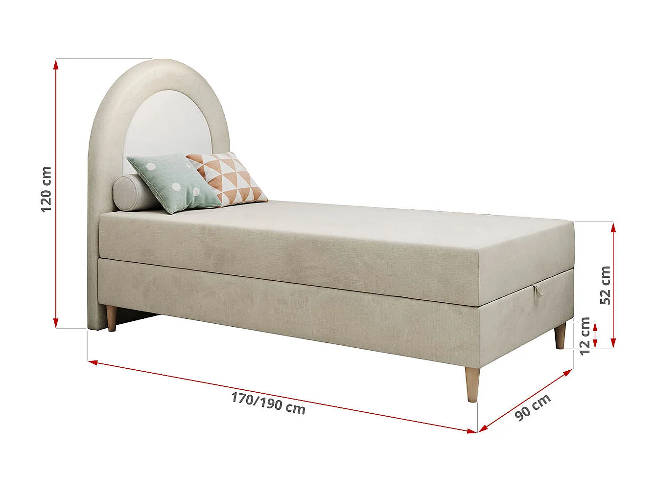 Kinderbett NEST - Boxspringbett für Kinder, mit hohem Kopfteil, Einzelbett mit Stauraum und Matratze - 90x180 cm - Beige Velvet