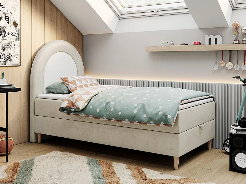 Kinderbett NEST - Boxspringbett für Kinder, mit hohem Kopfteil, Einzelbett mit Stauraum und Matratze - 90x180 cm - Beige Velvet