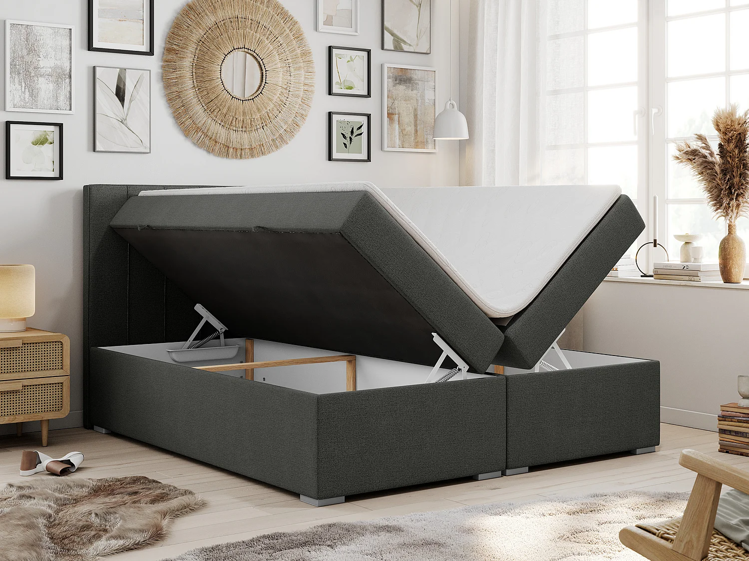 Boxspringbett ALLY - gestreiftes, genähtes Kopfteil, zwei Bettkästen, Multipocket-Matratzen, Praktisch Polsterbett - 120x200 cm - H4 - Dunkelgrau Strukture