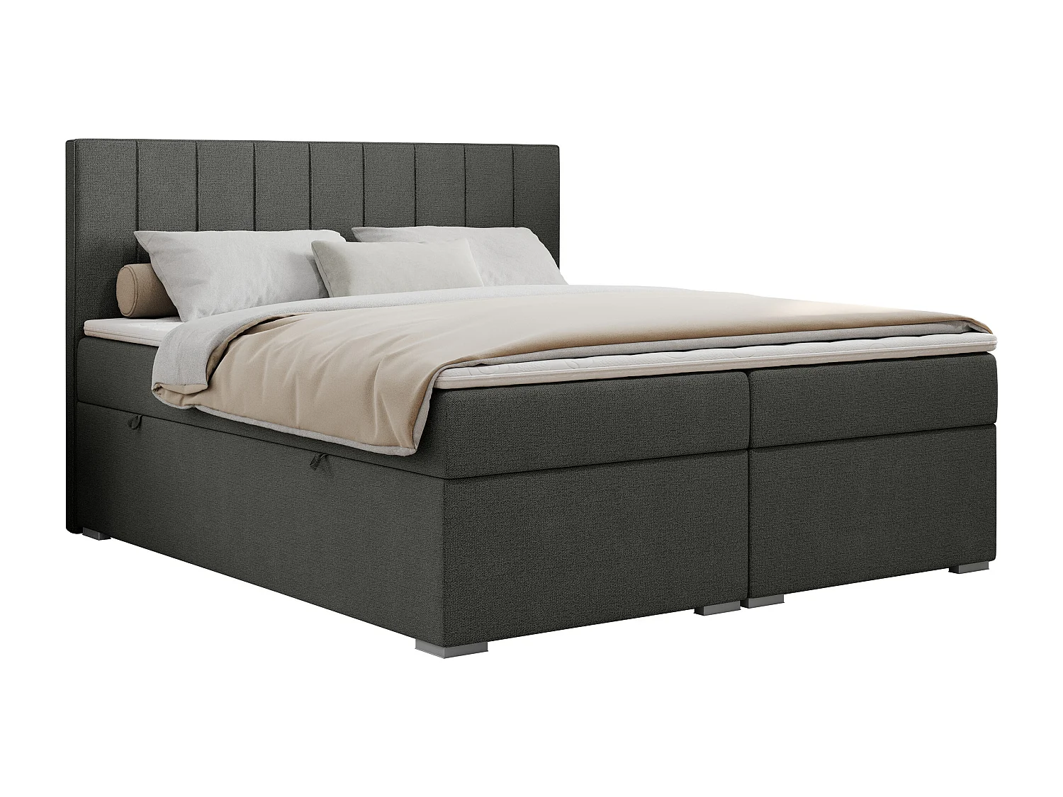 Boxspringbett ALLY - gestreiftes, genähtes Kopfteil, zwei Bettkästen, Multipocket-Matratzen, Praktisch Polsterbett - 120x200 cm - H4 - Dunkelgrau Strukture